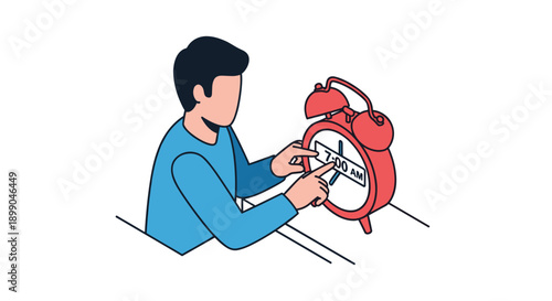Man Adjusting Red Alarm Clock Time.