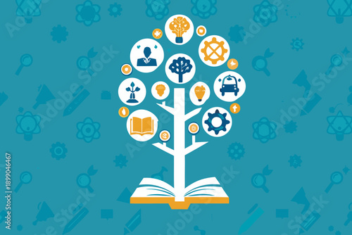 A colorful tree of knowledge grows from an open book