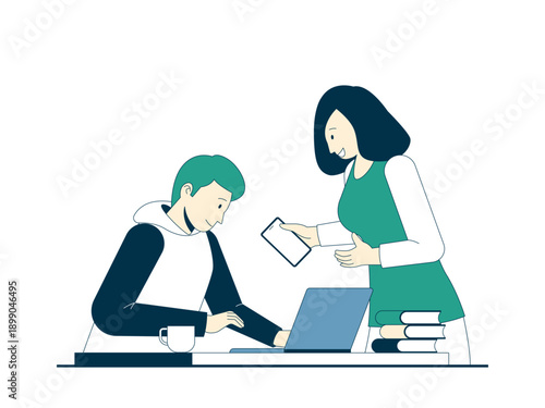 Two people working together, perhaps a manager mentoring an intern in the office. Internship illustrations. Flat vector concepts.