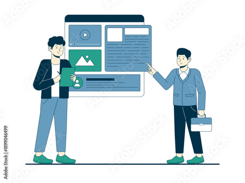 Two professional workers are working together depicting a presentation or business and digital collaboration. Internship illustrations. Flat vector concepts.