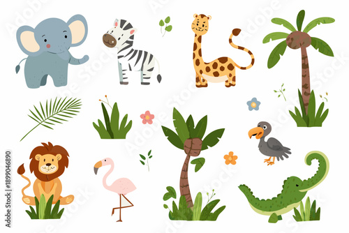 Cute cartoon safari animals and tropical plants illustration