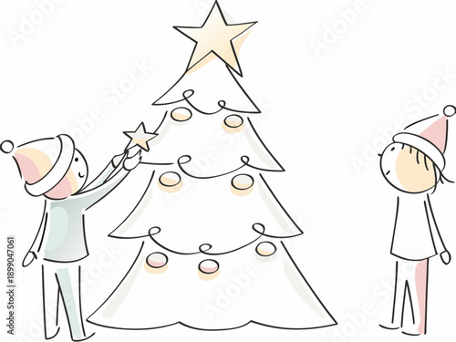Children decorating a christmas tree with a star on top