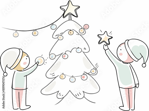Children decorating a christmas tree with lights and stars