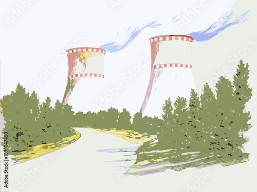 A simplistic illustration depicts cooling towers and surrounding greenery