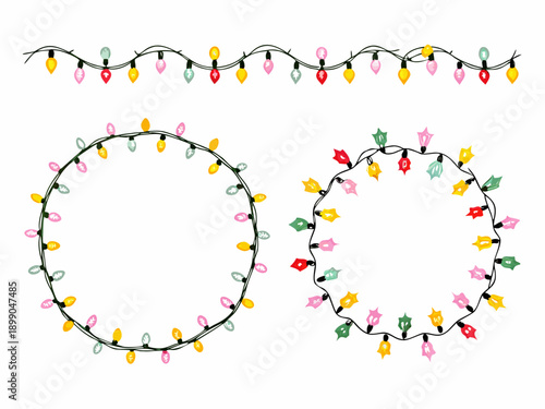 Colorful christmas lights forming a garland and two circular frames