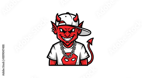 Red Cartoon Devil Character Wearing Hat.