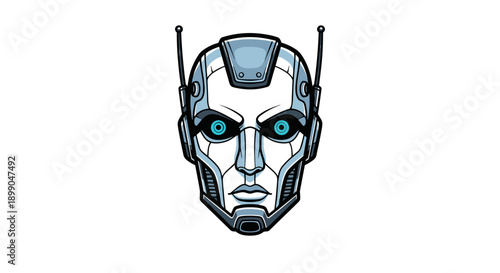 Robot Head with Blue Eyes Illustration.