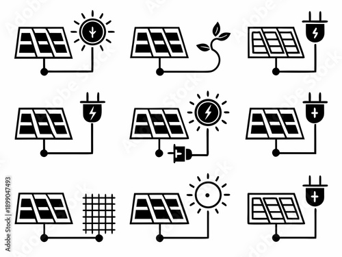 Solar panel icons depicting renewable energy and electricity generation