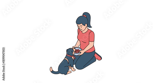 Woman Grooming Dog on Floor.
