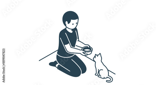 Woman Kneeling and Feeding a Cat.