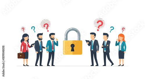 Business Team Seeking Solution to Security Problem. Corporate group puzzled by large padlock barrier, symbolizing data protection and locked access challenge.