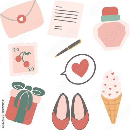Cute Pastel Romantic Clipart Set with Love Letter and Gifts - Flat Vector Illustration 