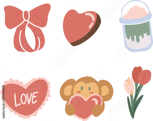 Cute Pastel Romantic Clipart Set with Love Gifts (Pink Ribbon, Heart Chocolate, Matcha Drink, Cute Doll and Tulips) - Flat Vector Illustration 