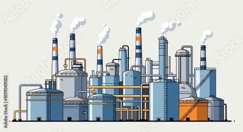 Industrial factory complex with smokestacks and pipes