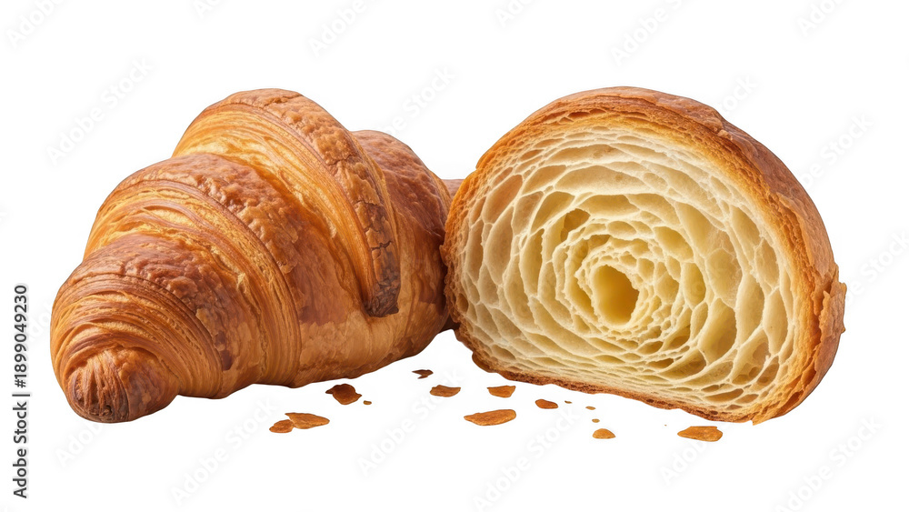 Fototapeta premium Freshly baked croissant with flaky layers and crumbly texture on white background isolated on white background