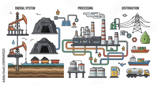 Energy production process from extraction to distribution