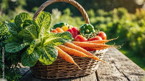 Freshly harvested organic vegetables in wicker basket outdoors