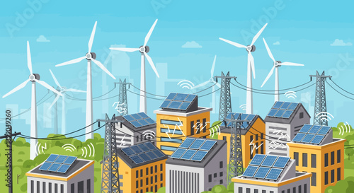 Renewable Energy Cityscape with Solar Panels and Wind Turbines