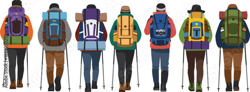 Back view hikers illustration set, trekking people with backpacks and walking sticks, outdoor adventure travelers, camping hiking lifestyle vector design