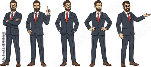 Businessman character illustration set, professional male manager in suit showing presentation gestures, corporate leadership concept, isolated vector design