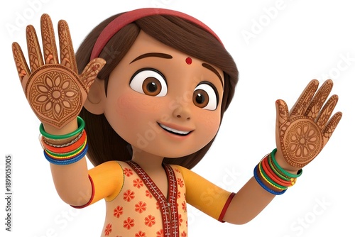3D cartoon girl showing her hands with beautiful henna (Mehendi) designs, wearing bangles