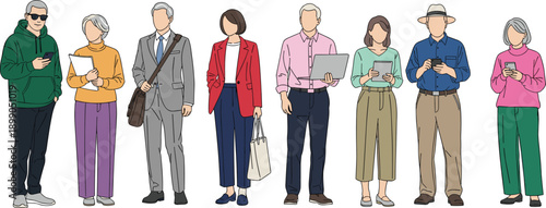 Diverse people illustration, men and women using smartphones tablets laptops, modern lifestyle characters, casual fashion, technology usage, flat vector style