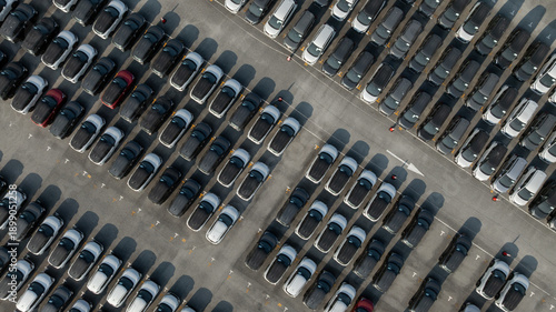 Tableau sur toile Aerial view car for sale stock lot row, Cars dealership inventory distribution automobile and automotive business, New cars parking for sale automobile automotive industry business