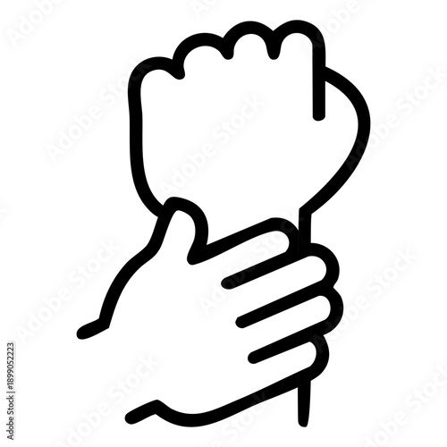Outline style for hands over fist depicts a clenched fist being firmly grasped or supported at the wrist by a second hand. Related to manual therapy techniques, wrist bracing, grip strength exercises