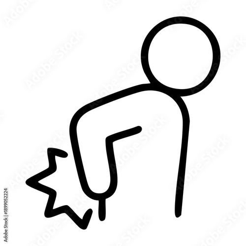 Outline style for hip pain depicts the human torso and upper leg, with one arm bent at the elbow signify acute discomfort in the hip or pelvic joint. Related to physical therapy, patient diagnostic