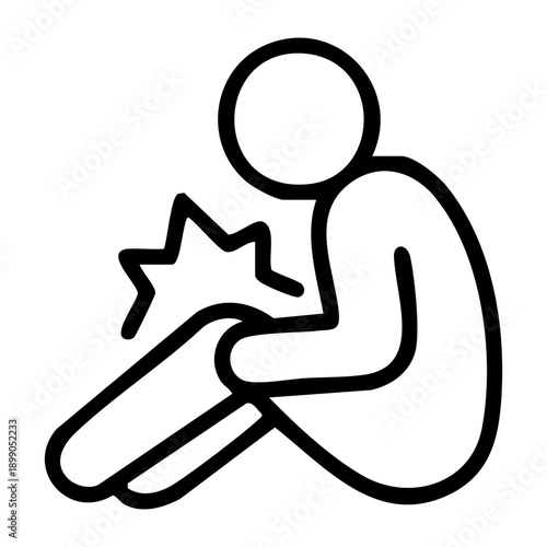 Line icon represents knee joint pain depicts a human figure seated with the torso upright and legs extended forward signify localized inflammation or acute injury. Related to medical infographics