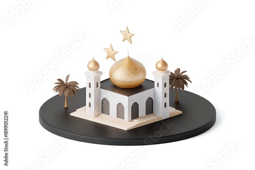 3D low poly style mosque with a large crescent moon and stars, pastel blue and gold color palette, minimalistic and modern