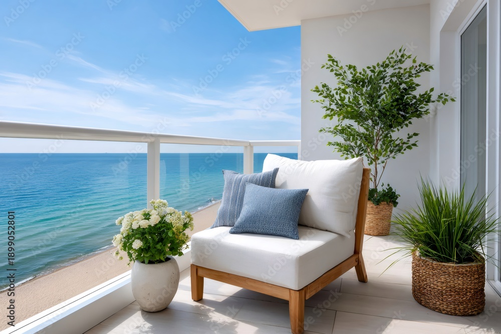 Fototapeta premium Balcony ocean view with outdoor armchair overlooking the beach
