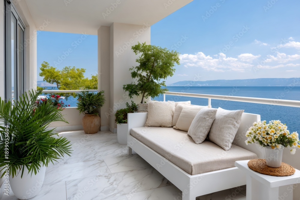 Fototapeta premium Outdoor balcony relaxing with ocean view and plants