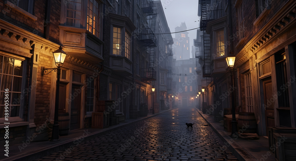Obraz premium A serene view of an old narrow street at dusk with glowing street lamps and a black cat crossing the cobblestones
