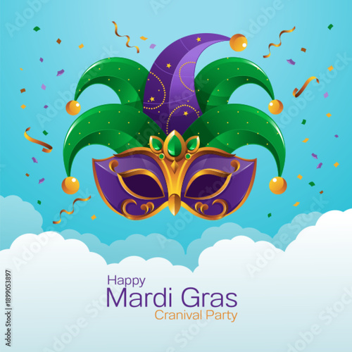 Happy Mardi Gras carnival party background featuring a vibrant purple and gold festival mask. Realistic cartoon style illustration, meticulously hand drawn using software and not created by AI.