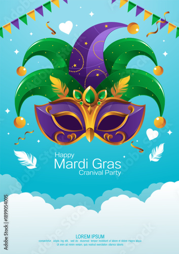 Vertical poster background for a fun Mardi Gras carnival celebration, featuring a vibrant purple and gold festival mask. Cute cartoon-style illustration, carefully hand-drawn using software and not cr