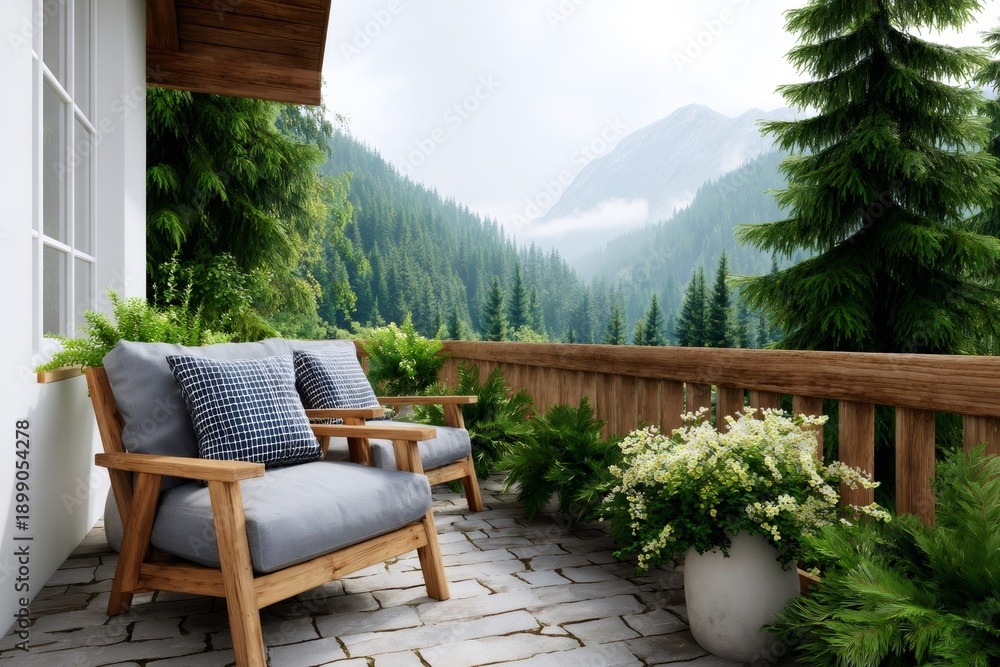 Obraz premium Mountain balcony chairs overlooking peaceful forest valley