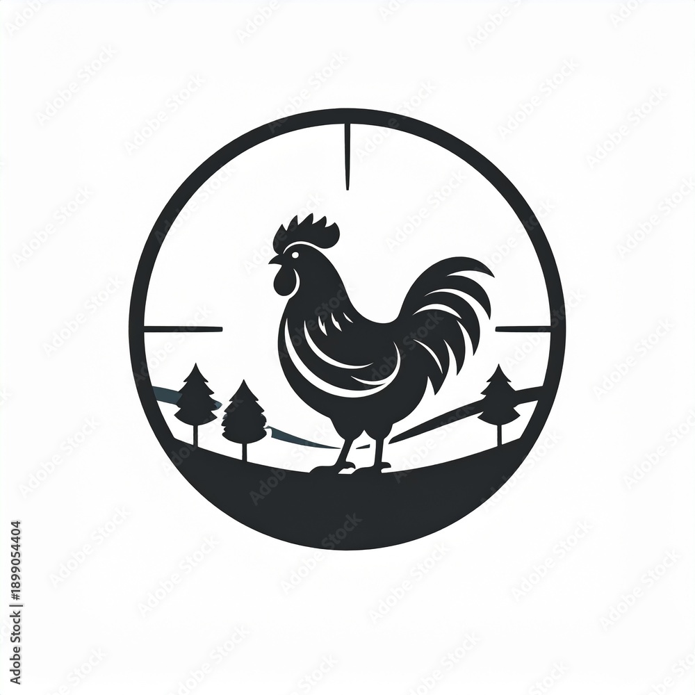 Obraz premium Black silhouette of a rooster inside a circle with a minimalist forest scene
