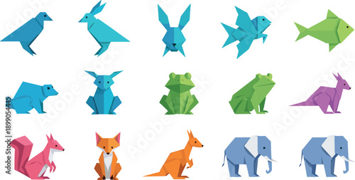 Large set of colorful origami animal vector illustrations in geometric folded paper style for modern design