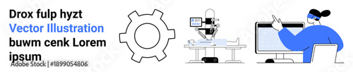Gear icon, robotic arm with a microscope, data analysis on computer screen. Ideal for engineering, automation, robotics, teamwork, innovation, industrial design simple landing page