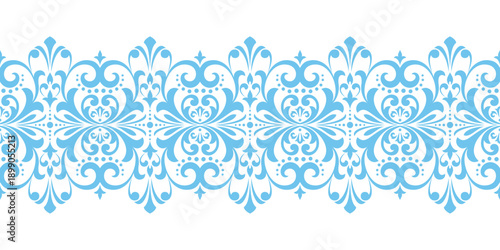 Wallpaper in the style of Baroque. White and blue floral ornament. Modern vector background. Graphic pattern for fabric, wallpaper, packaging. Ornate Damask flower illustration