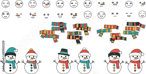 Large set of cute snowman vector illustrations with winter scarves, hats and expressive faces for Christmas holiday designs