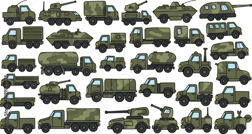 Large set of military vehicle vector illustrations representing army trucks, tanks, armored transport and warfare design elements
