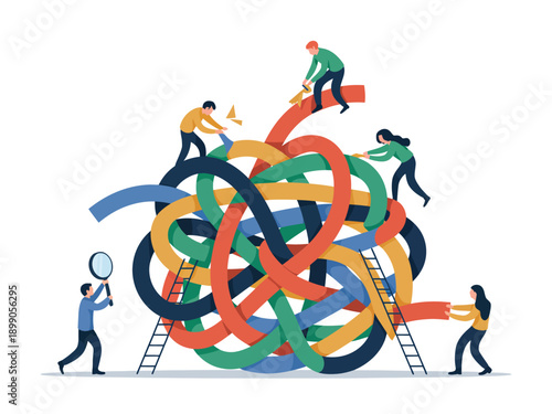 A group of people working together to untangle a complex web of colorful ribbons and ropes