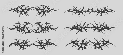 Set of Neo tribal sigilism y2k tattoo collection with symmetrical gothic designs for alternative style and body art. Black flame modern ornaments. Vector decorative elements