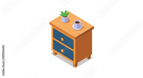 Brown wooden nightstand with blue drawers and decor.