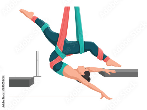 A woman performs aerial yoga with pink and green silk ribbons in a studio