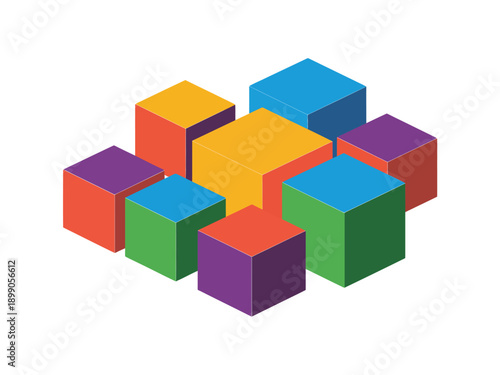 A colorful arrangement of 3D cubes in various shapes and sizes on a white background