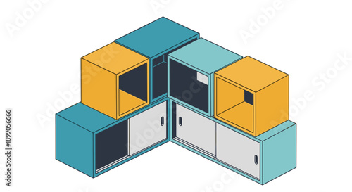 Colorful 3D Cubes with Doors and Windows.