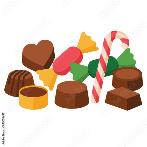 A colorful assortment of chocolates and candies arranged on a white background